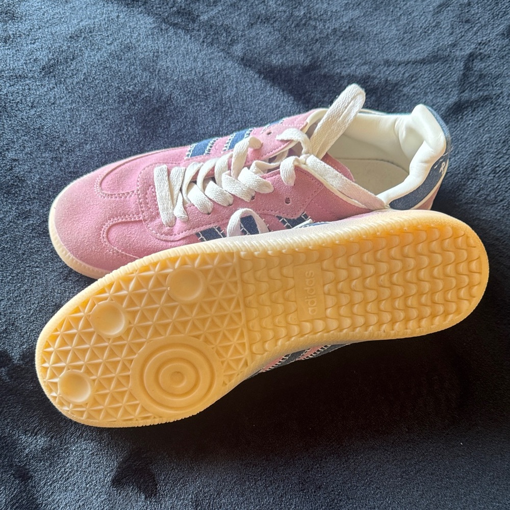 Adidas Samba Suede Sneakers in Pink with Navy Stripes - Picture 4 of 6
